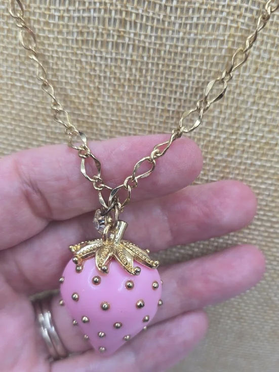 Pink Strawberry Pendant Necklace - Gold Chain - Picture 8 of 10